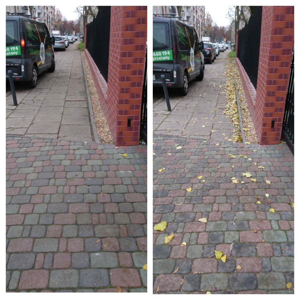 Porównanie stanu kostki brukowej przed i po czyszczeniu. Po lewej stronie kostka jest czysta, odsłaniając kolory, podczas gdy po prawej stronie widać liście i zabrudzenia.