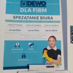 Ulotka reklamowa firmy sprzątającej biura, prezentująca cennik, korzyści i kontakt do koordynatora, z ilustracją uśmiechniętej sprzątaczki z butelką środka czyszczącego.