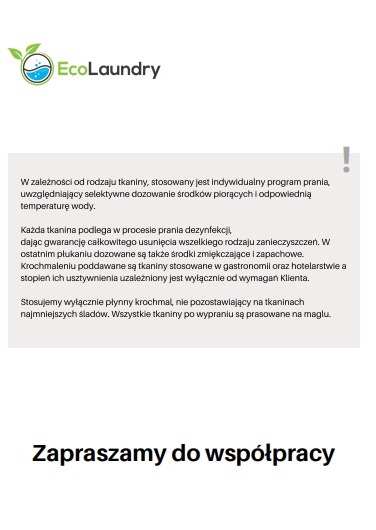 Logo EcoLaundry z informacjami o procesie prania i zaproszeniem do współpracy.