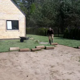 Układanie trawy z rolki na posesji z drewnianym domkiem; jeden pracownik grabiami wyrównuje podłoże, drugi przygotowuje kolejne rolki, w tle widać już ułożony fragment trawnika i taczkę.