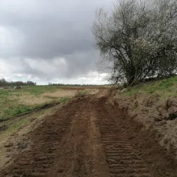 Świeżo wyrównany teren pod budowę z widocznymi śladami gąsienic maszyny, na skraju pola z drzewem w tle i pochmurnym niebem.