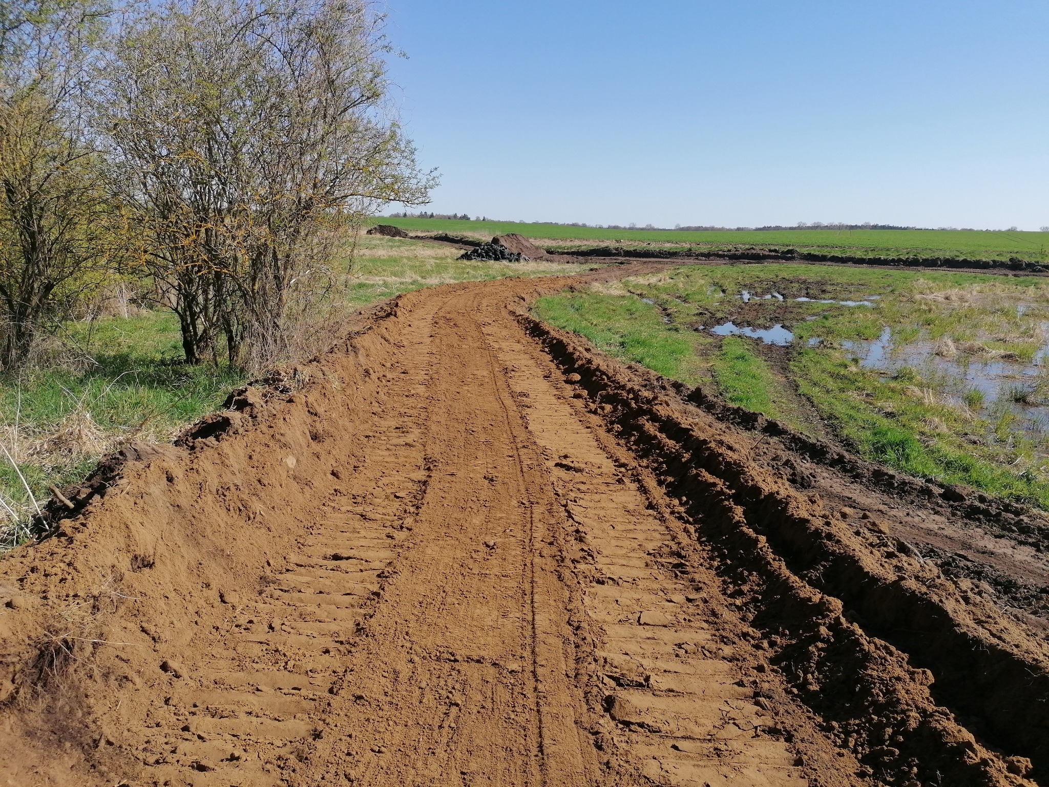 Świeżo wykopany, brązowy rów w terenie podmokłym, z wyraźnymi śladami gąsienic maszyny budowlanej, w tle widoczne drzewa i zielone pole pod błękitnym niebem.