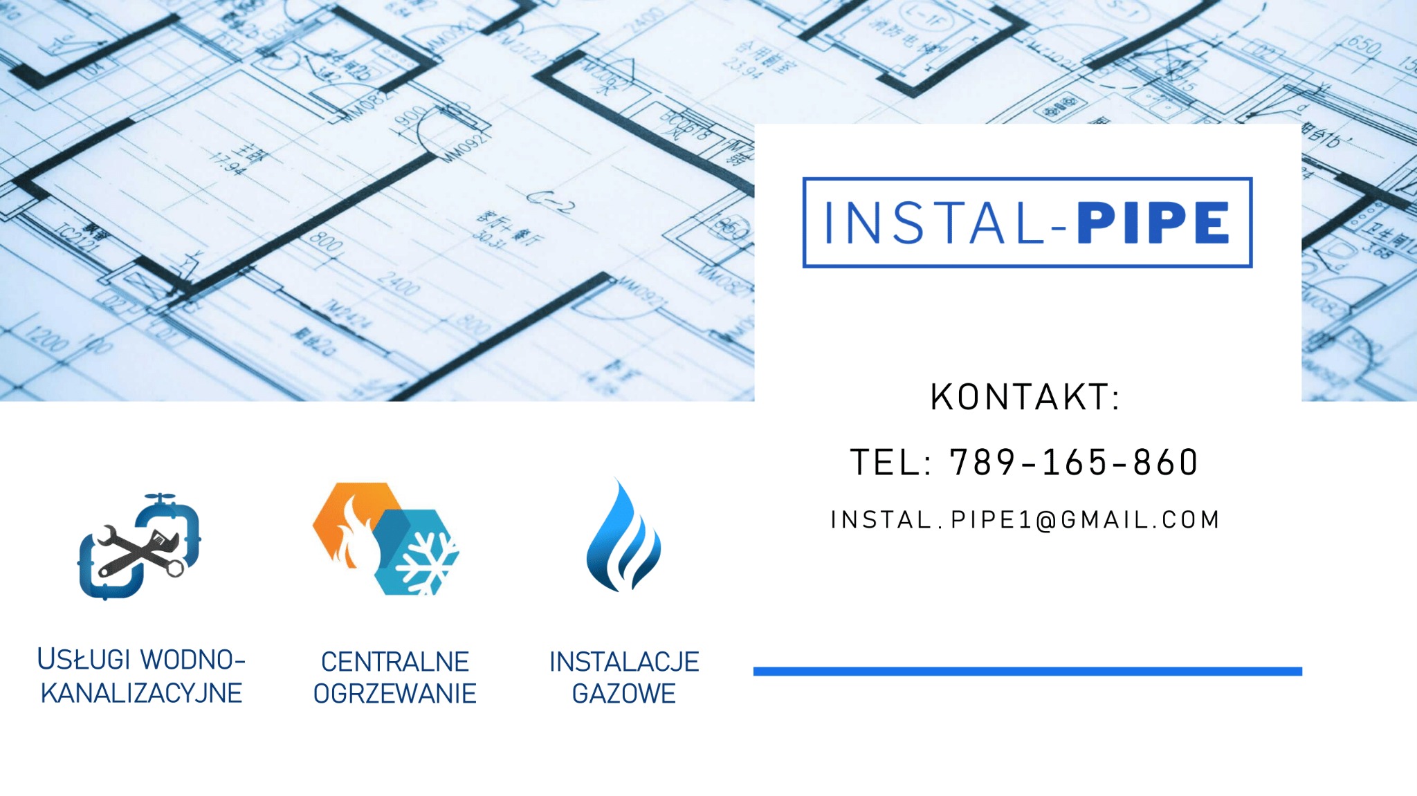 Schemat instalacji hydraulicznych i grzewczych z logotypami usług wodno-kanalizacyjnych, centralnego ogrzewania i instalacji gazowych, oraz danymi kontaktowymi firmy Instal-Pipe, na tle planu...