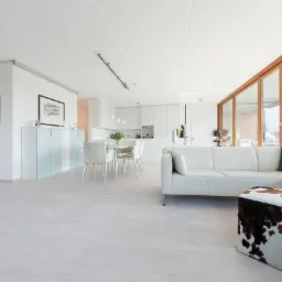 Jasne, przestronne wnętrze z białymi panelami podłogowymi, białymi meblami i dużymi oknami z drewnianymi ramami, widok na otoczenie z zewnątrz.