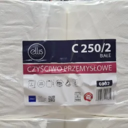 Białe rolki czyściwa przemysłowego Ellis Professional C 250/2 w przezroczystej folii, z widoczną etykietą zawierającą logo, oznaczenia jakości i kod kreskowy.
