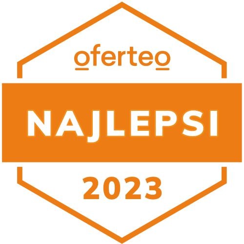Pomarańczowy emblemat Oferteo z napisem 'NAJLEPSI 2023' wewnątrz sześciokątnej ramki.