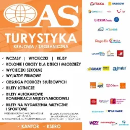 Logo biura podróży AS Turystyka z ofertą wczasów, wycieczek, rejsów, kolonii, obozów dla dzieci i młodzieży, wycieczek szkolnych, wyjazdów firmowych, obsługi podróży służbowych, biletów lotniczych...