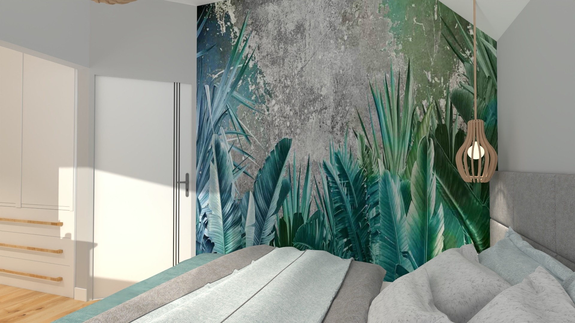 Sypialnia w Mostach z tapetą w motywy tropikalne na ścianie, drewnianą lampą wiszącą i jasną pościelą.