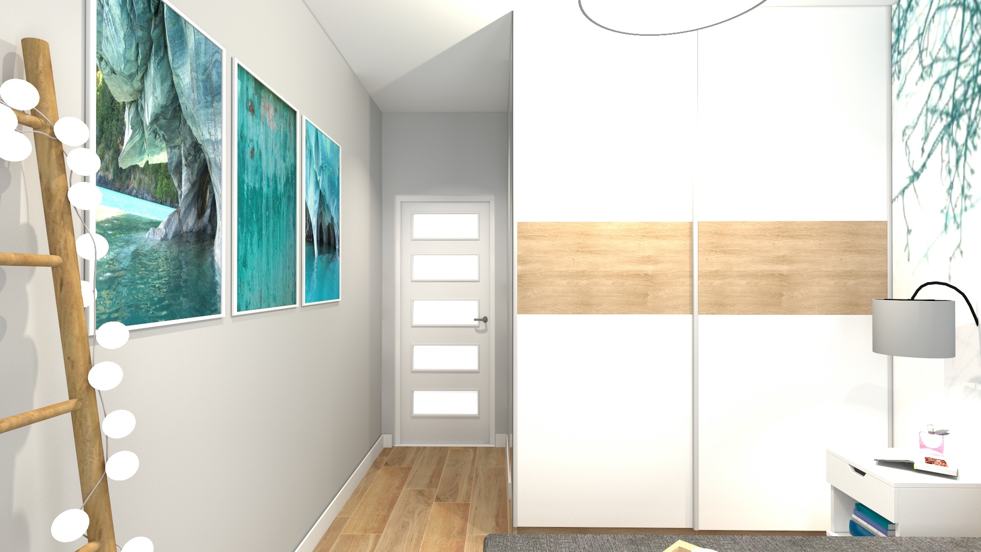 Wnętrze sypialni z turkusowymi obrazami przedstawiającymi jaskinie, drewnianą drabinką z lampkami, białą szafą z drewnianymi akcentami i białą szafką nocną z lampką.