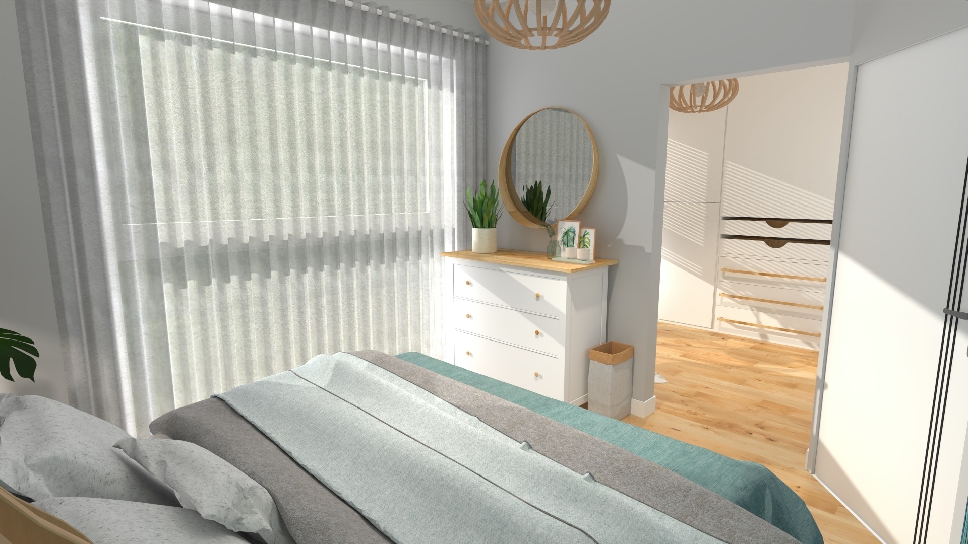 Wizualizacja sypialni z łóżkiem w odcieniach szarości i błękitu, białą komodą z okrągłym lustrem i roślinami, oraz szafą z drewnianymi akcentami, oświetloną przez okno z delikatnymi, białymi...