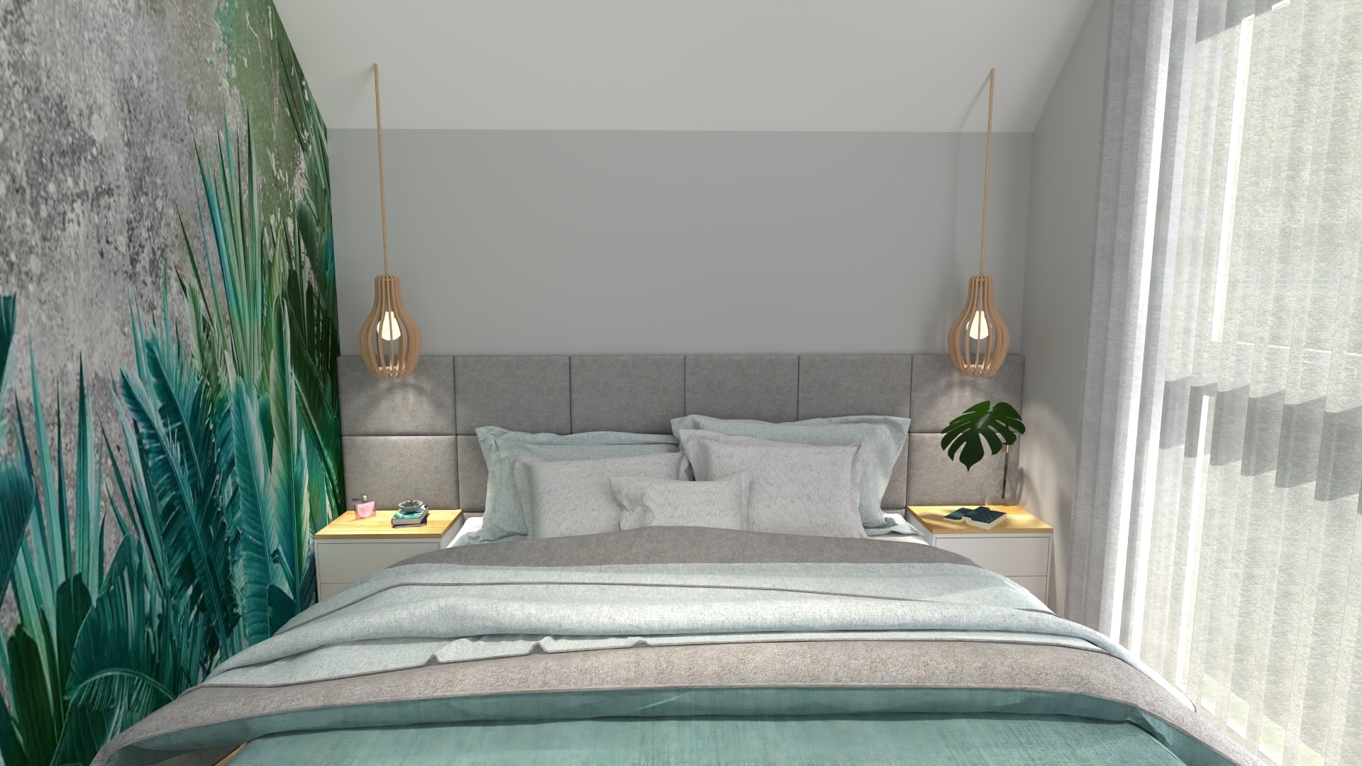 Wizualizacja sypialni z szarą tapicerowaną ścianą nad łóżkiem, drewnianymi lampami wiszącymi i fototapetą z motywem roślinnym na ścianie bocznej, uzupełniona o białe szafki nocne z dekoracjami.