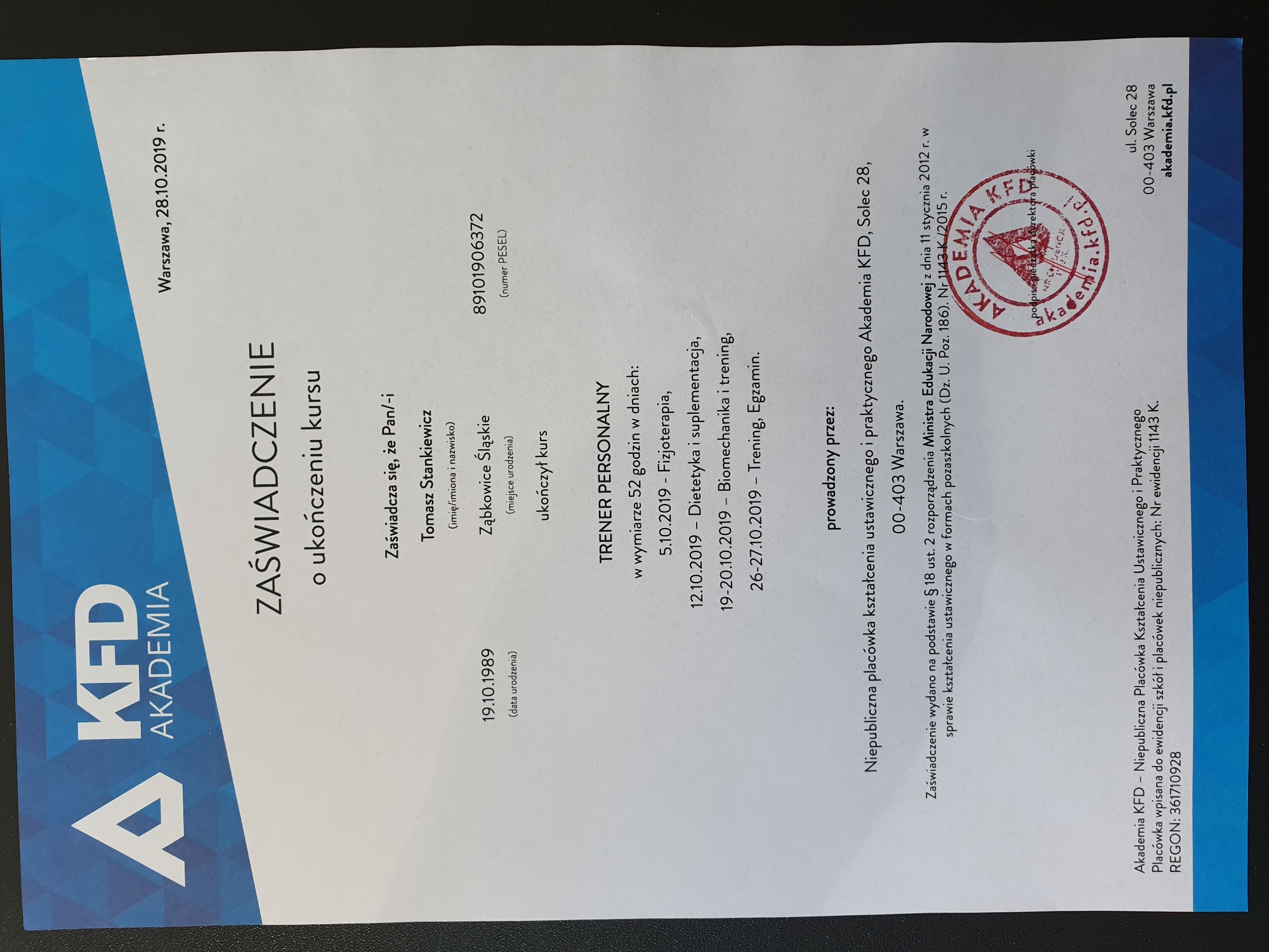 Certyfikat Trener Personalny
