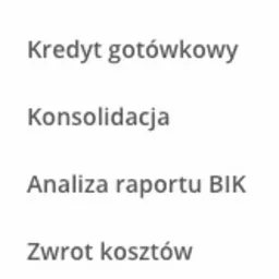 Lista opcji finansowych: kredyt hipoteczny, kredyt gotówkowy, konsolidacja, analiza raportu BIK, zwrot kosztów kredytowych, wyświetlona na białym tle.