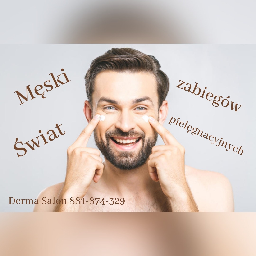 Uśmiechnięty mężczyzna z kremem pod oczami, tekst 'Męski świat zabiegów pielęgnacyjnych' i logo Derma Salon 881-874-329 na jasnym tle.