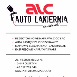 Logo Auto Lakierni Chmielewski z Olsztyna, oferującej bezgotówkowe naprawy, auta zastępcze, naprawy blacharsko-lakiernicze i ekspresowe naprawy SMART, z adresem i danymi kontaktowymi.