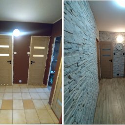 Firma Usługowa Piotr Bernacki - Remont przedpokoju: wymiana płytek na podłodze, położenie kamienia dekoracyjnego na ścianach i zmiana oświetlenia