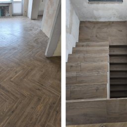 Firma Usługowa Piotr Bernacki - Ukończona podłoga z płytek ułożonych w jodełkę i schody wyłożone płytkami w odcieniach brązu. Widok na wnętrze domu po pracach wykończeniowych.