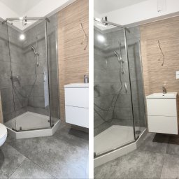 Firma Usługowa Piotr Bernacki - Wykończenie małej łazienki. Pod sufitem zabudowa rury gazowej z niezbędnymi otworami rewizyjnymi