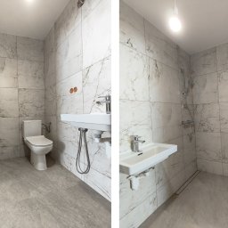 Firma Usługowa Piotr Bernacki - Dwa ujęcia wyremontowanej łazienki z marmurowymi płytkami: toaleta z grzejnikiem i umywalka z kabiną prysznicową z odpływem liniowym w posadzce.