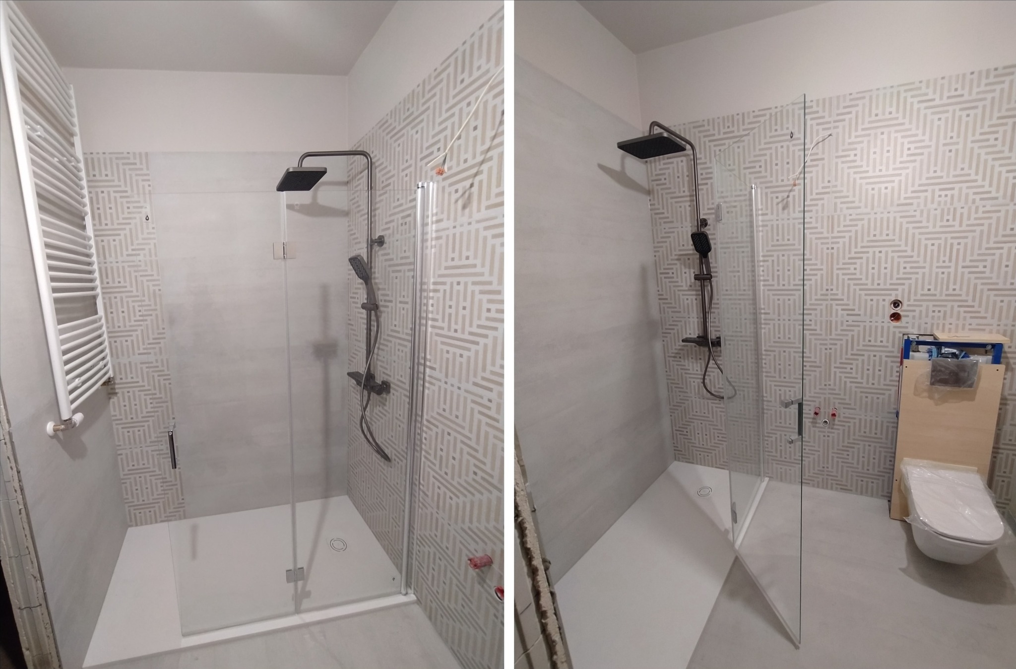 Nowoczesna łazienka w trakcie wykańczania: kabina prysznicowa typu walk-in z czarną armaturą, grzejnik drabinkowy i częściowo ułożone płytki z geometrycznym wzorem. Widoczne elementy instalacji...