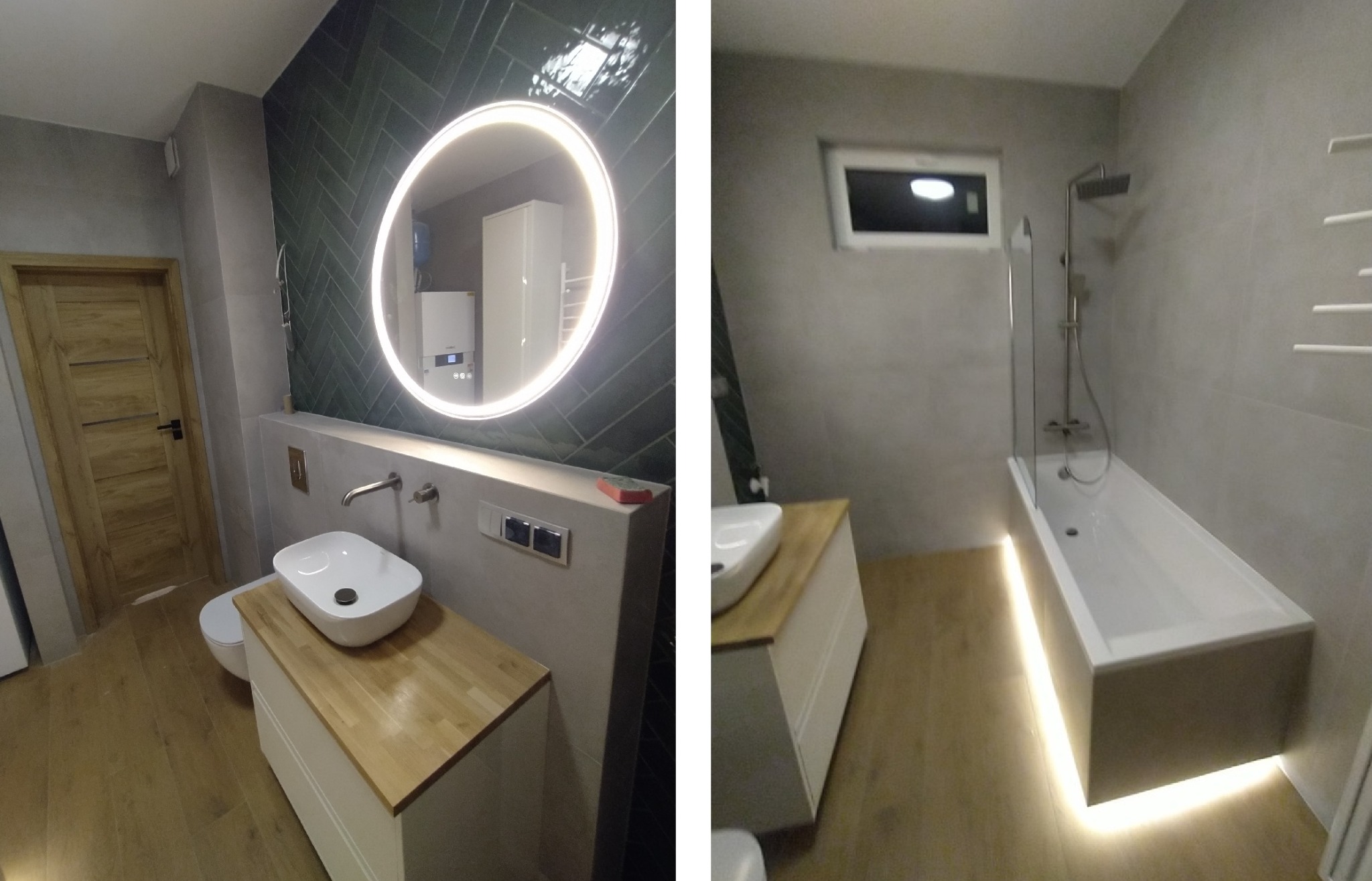 Nowoczesna łazienka z okrągłym lustrem z podświetleniem LED, umywalką nablatową na szafce z drewnianym blatem, zielonymi płytkami ułożonymi w jodełkę na ścianie oraz wanną z podświetleniem LED u dołu.