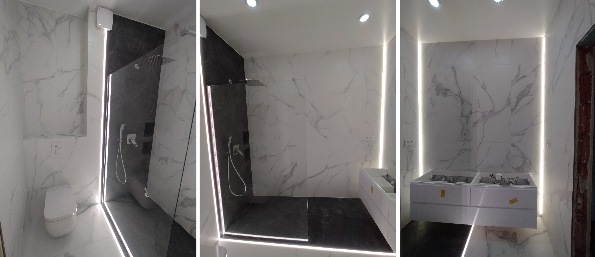 Łazienka ze stanu deweloperskiego. Jej urok podkreśla oświetlenie LED na ścianach i w podłodze