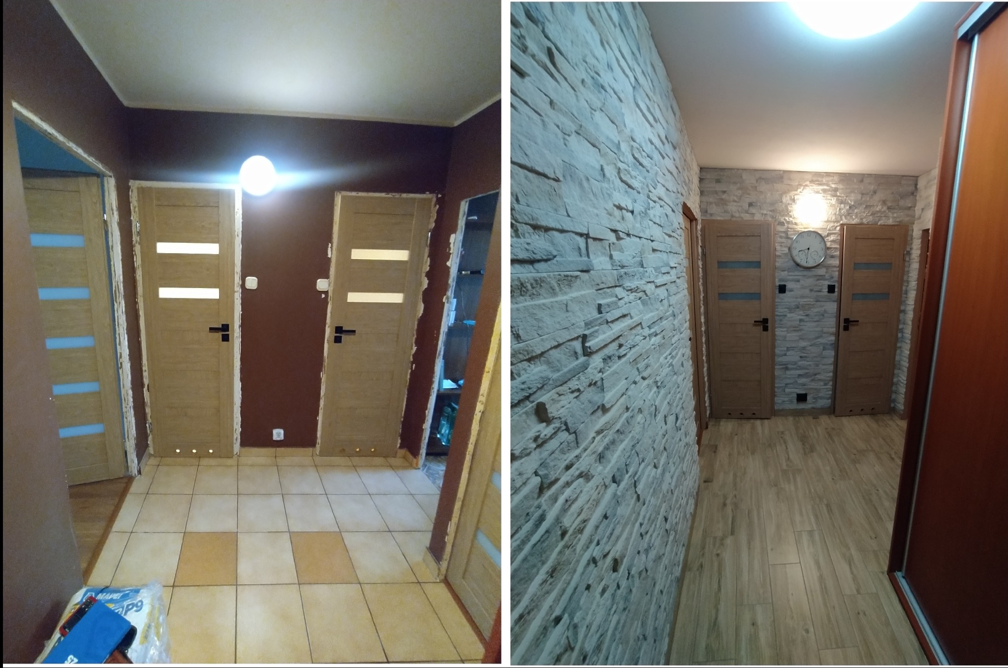 Remont przedpokoju: wymiana płytek na podłodze, położenie kamienia dekoracyjnego na ścianach i zmiana oświetlenia