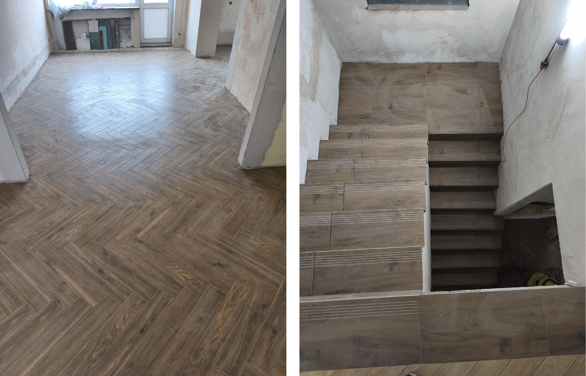 Ukończona podłoga z płytek ułożonych w jodełkę i schody wyłożone płytkami w odcieniach brązu. Widok na wnętrze domu po pracach wykończeniowych.