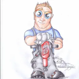 Rysunek przedstawiający uśmiechniętego mężczyznę w kombinezonie, trzymającego w rękach młot udarowy Hilti TE-3000-AVR.