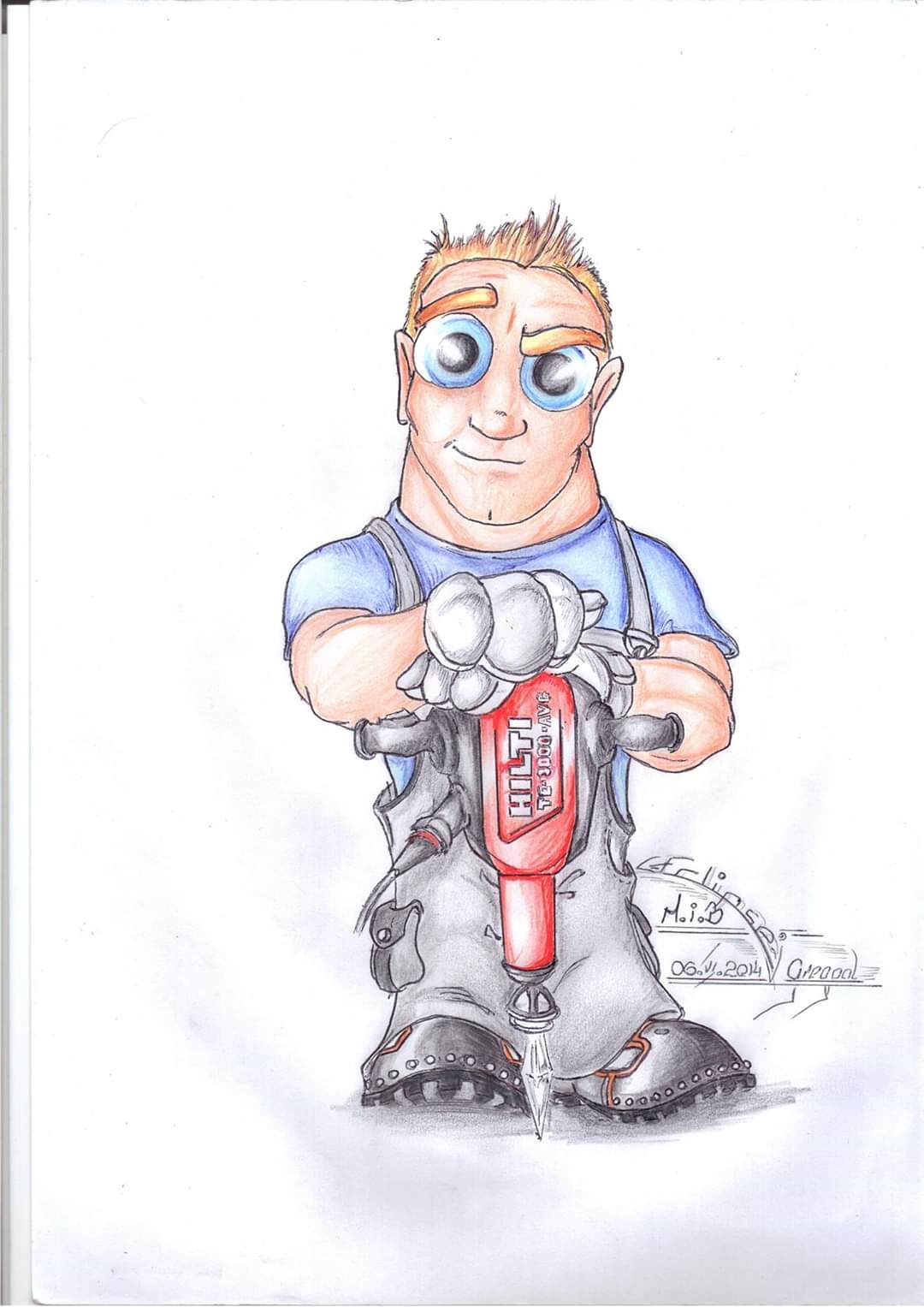 Rysunek przedstawiający uśmiechniętego mężczyznę w kombinezonie, trzymającego w rękach młot udarowy Hilti TE-3000-AVR.