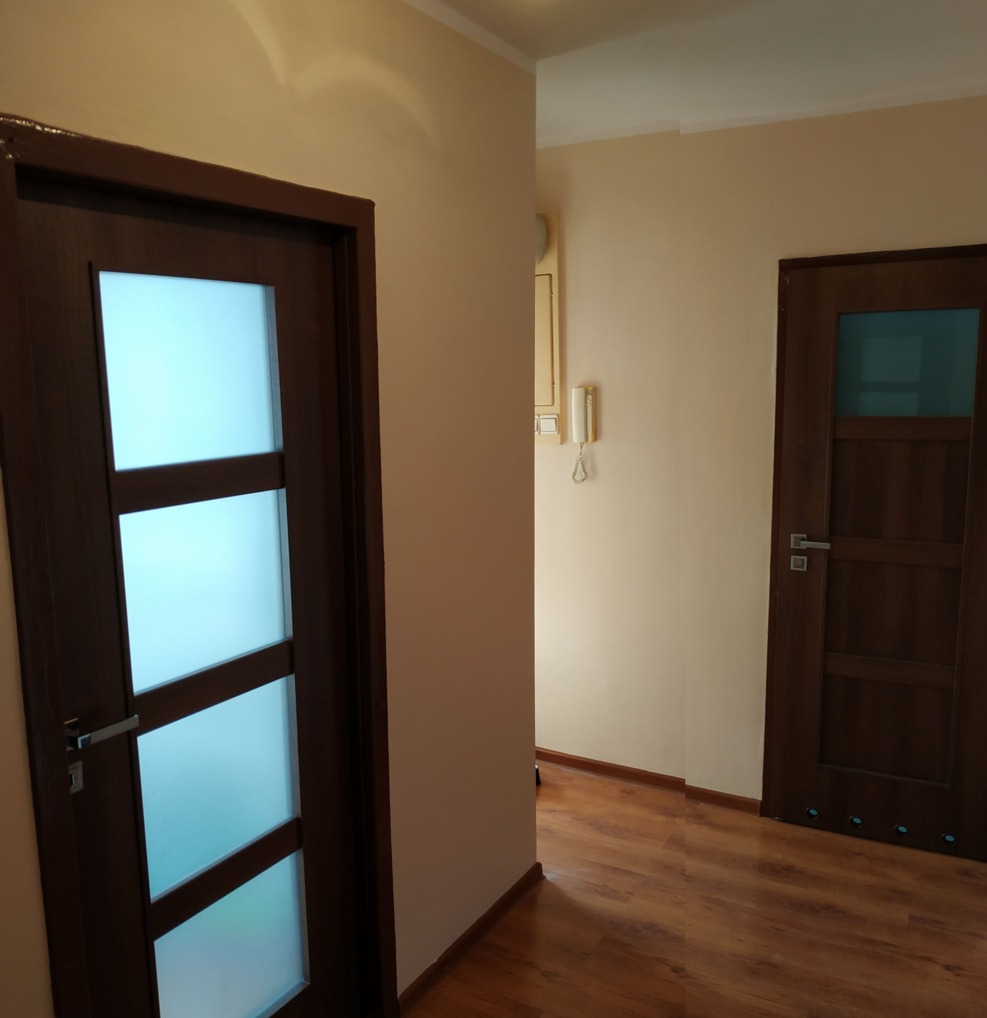 Wnętrze mieszkania z dwiema ciemnymi, drewnianymi drzwiami: jedna z trzema poziomymi szybami z matowego szkła, druga z pojedynczą szybą, widoczne panele podłogowe i interkom na ścianie.