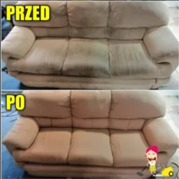 Beżowa sofa trzyosobowa: ujęcie 'przed' z widocznymi plamami i zabrudzeniami na siedzisku i oparciu, zestawione z ujęciem 'po' prezentującym sofę po czyszczeniu, z odświeżonym kolorem i brakiem plam.