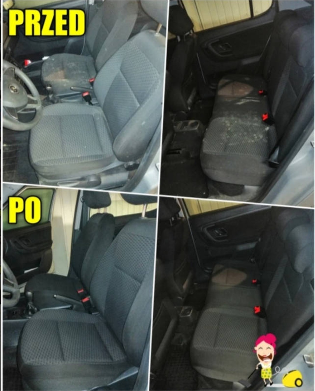 Cztery ujęcia wnętrza samochodu Skoda Fabia: fotele przednie i tylne przed i po czyszczeniu, widoczne plamy i zabrudzenia usunięte.