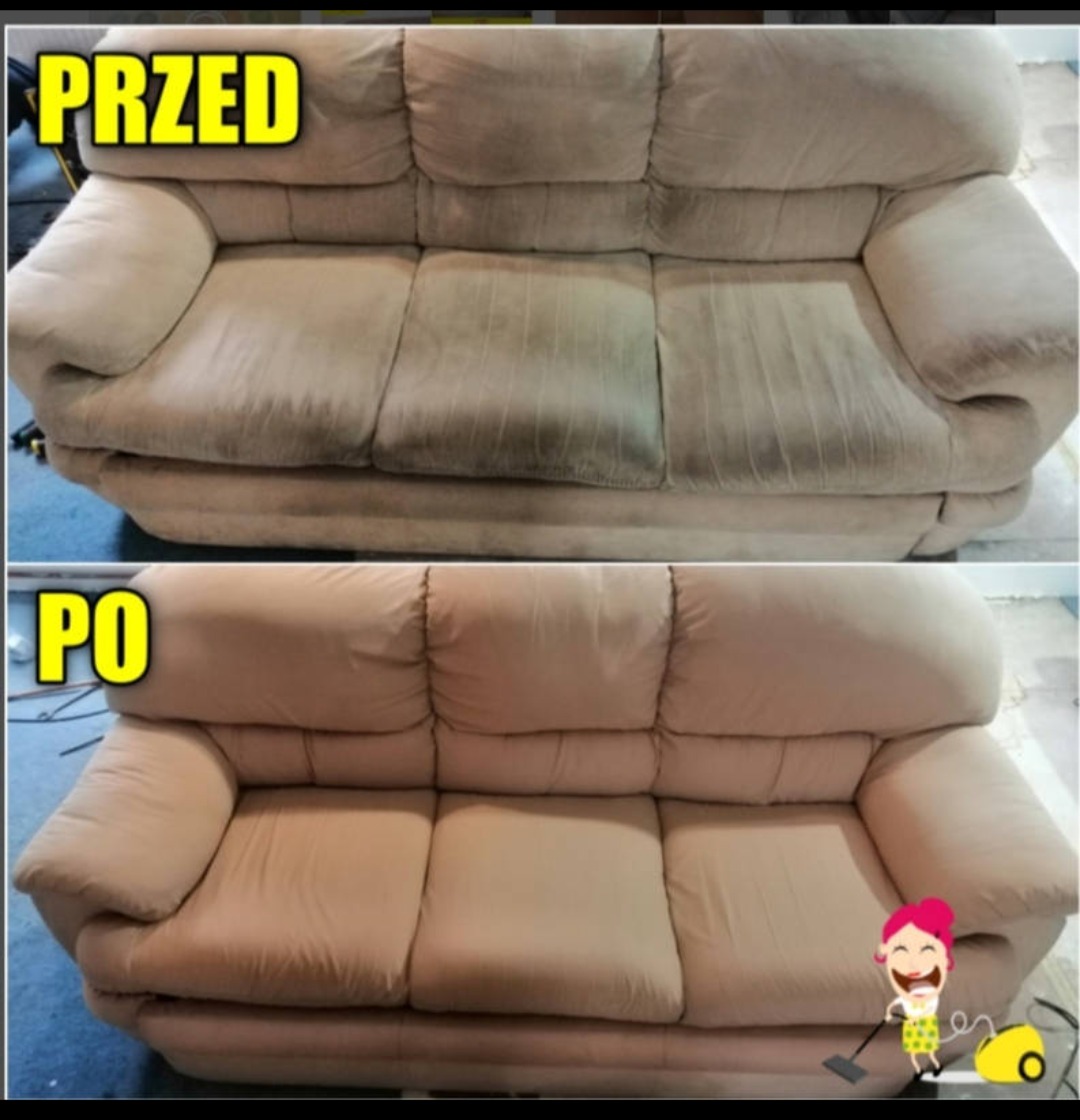 Beżowa sofa trzyosobowa: ujęcie 'przed' z widocznymi plamami i zabrudzeniami na siedzisku i oparciu, zestawione z ujęciem 'po' prezentującym sofę po czyszczeniu, z odświeżonym kolorem i brakiem plam.