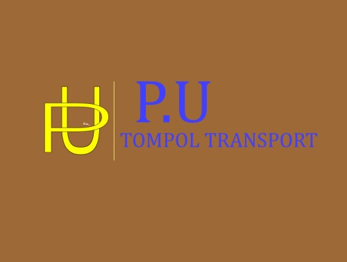 Logo firmy Tompol Transport z żółtym, stylizowanym symbolem 'PU' po lewej i niebieskim napisem 'P.U TOMPOL TRANSPORT' po prawej stronie na brązowym tle.