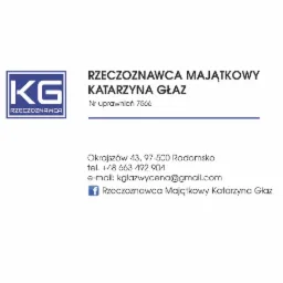 Logo rzeczoznawcy majątkowego Katarzyny Głaz z numerem uprawnień, adresem, numerem telefonu i adresem e-mail.