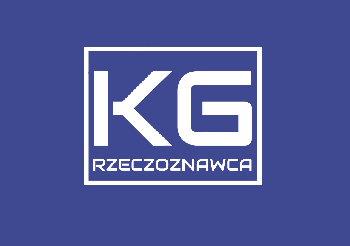 Logo firmy 'KG Rzeczoznawca' w białej ramce na niebieskim tle.
