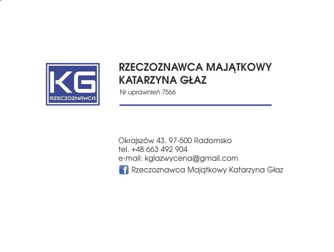 Logo rzeczoznawcy majątkowego Katarzyny Głaz z numerem uprawnień, adresem, numerem telefonu i adresem e-mail.