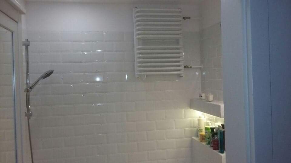 Biała łazienka z prysznicem, grzejnikiem drabinkowym i półką z kosmetykami, wykończona białymi płytkami typu metro.