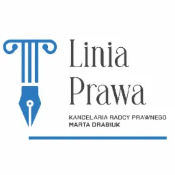 Logo kancelarii prawnej: stylizowana kolumna w formie pióra, nazwa 'Linia Prawa', informacja 'Kancelaria Radcy Prawnego Marta Drabiuk'.