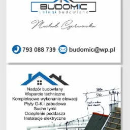 Wizytówka firmy budowlanej Budomic z logo, danymi kontaktowymi i listą usług, w tym nadzór budowlany, wsparcie techniczne, wykonanie elewacji, płyty G-K, suche tynki, ocieplenie poddasza...