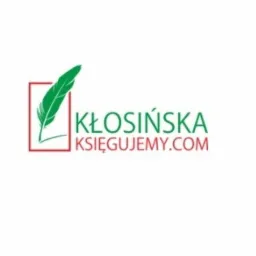 Logo firmy księgowej Kłosińska Księgujemy.com z zielonym piórem i czerwoną ramką.