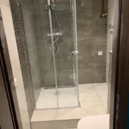 Nowoczesna kabina prysznicowa z deszczownicą i szklanymi drzwiami, obok toaleta i mozaika na ścianie, widok zza drewnianej framugi drzwi.