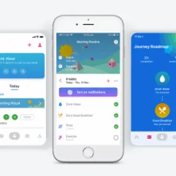 Ekrany trzech smartfonów prezentujących interfejs aplikacji do śledzenia nawyków, z motywem wizualnym opartym o pastelowe kolory i prostą grafikę.