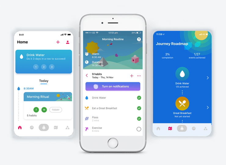 Ekrany trzech smartfonów prezentujących interfejs aplikacji do śledzenia nawyków, z motywem wizualnym opartym o pastelowe kolory i prostą grafikę.