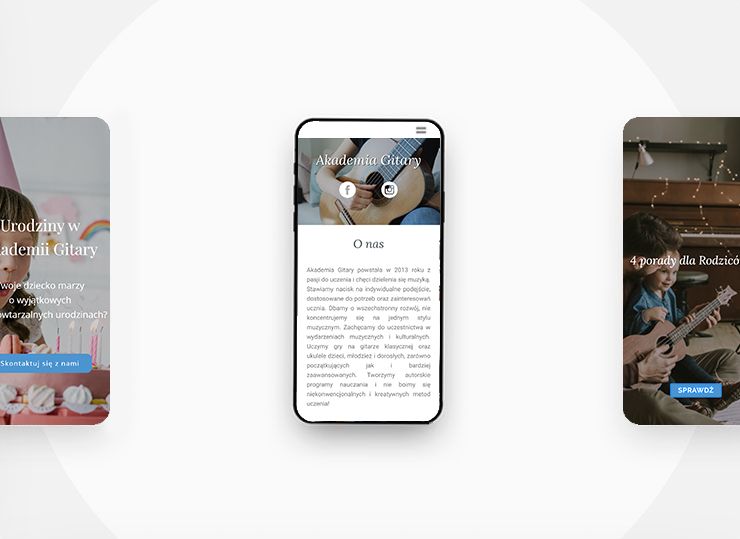 Wyświetlona na smartfonie strona internetowa Akademii Gitary, prezentująca logo i informacje 'O nas', z ikonami Facebooka i Instagrama, otoczona przez fragmenty innych stron mobilnych z ofertą...