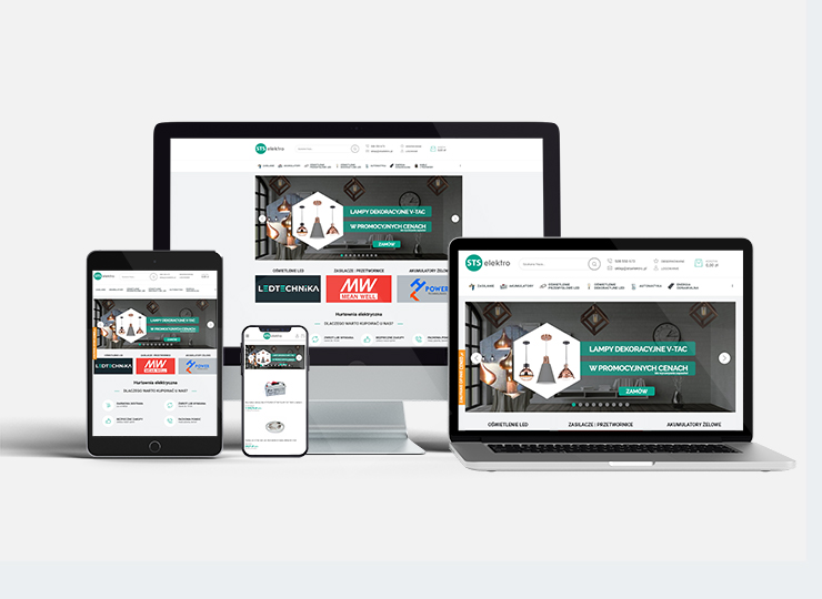 Responsywna strona internetowa STS elektro wyświetlona na monitorze, laptopie, tablecie i smartfonie, prezentująca ofertę lamp dekoracyjnych V-TAC w promocyjnych cenach.