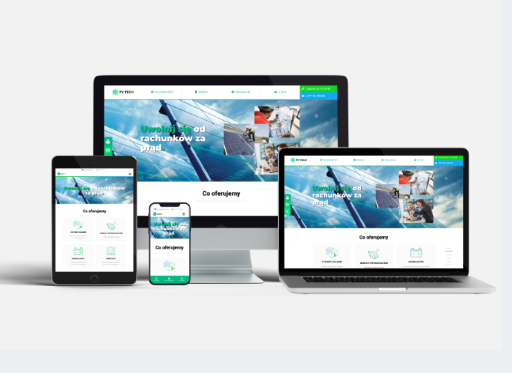 Prezentacja responsywnej strony internetowej na monitorze, laptopie, tablecie i smartfonie, z motywem paneli słonecznych i hasłem 'Uwolnij się od rachunków za prąd'.