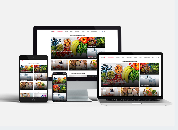 Responsywna strona internetowa o tematyce zdrowego odżywiania, wyświetlana na monitorze, laptopie, tablecie i smartfonie, z widocznym logo 'jak dla'