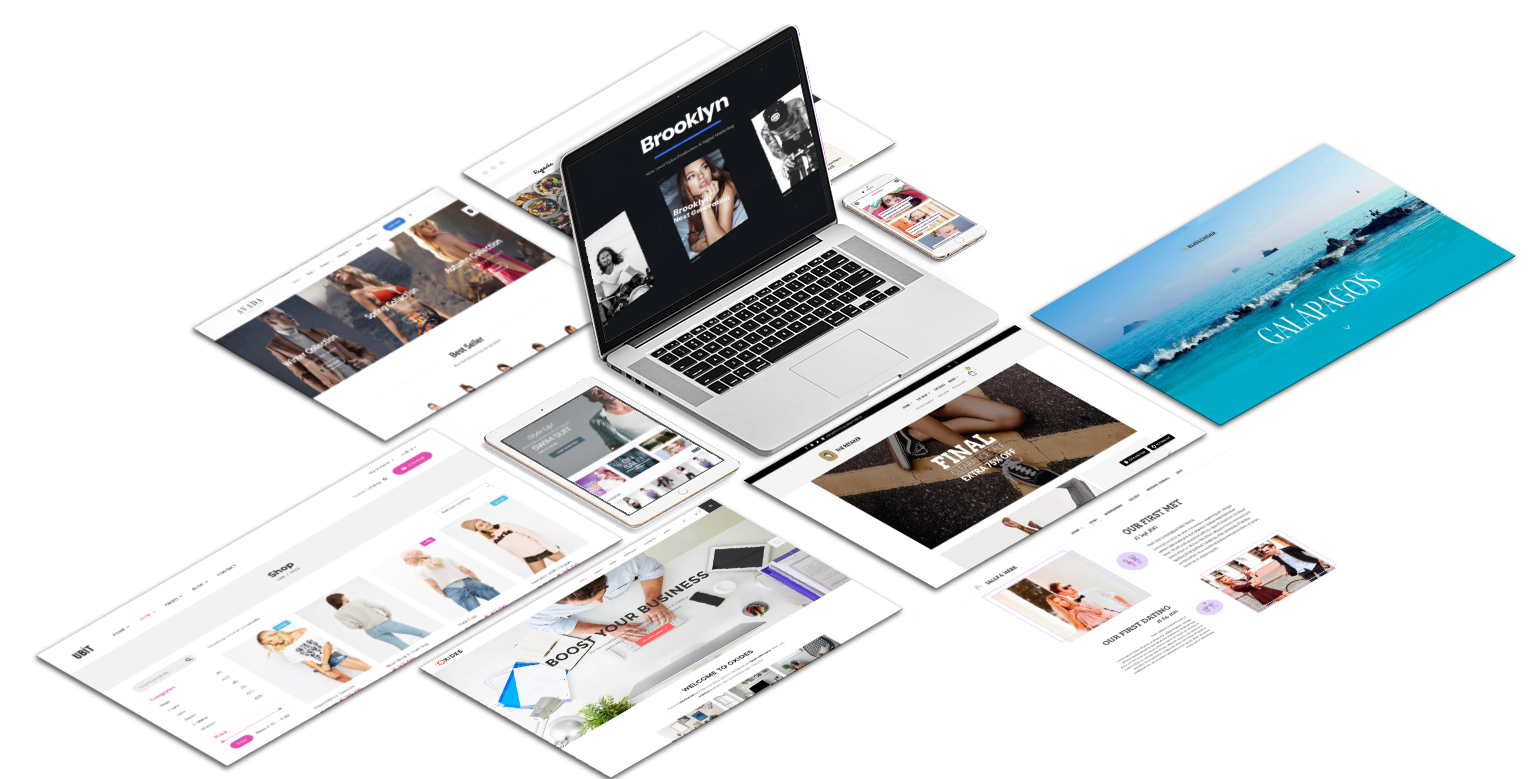 Kompozycja przedstawiająca ekrany laptopa, tabletu i smartfona prezentujące różne projekty stron internetowych, w tym e-commerce, blog i strona firmowa z motywem podróżniczym, ułożone pod kątem...